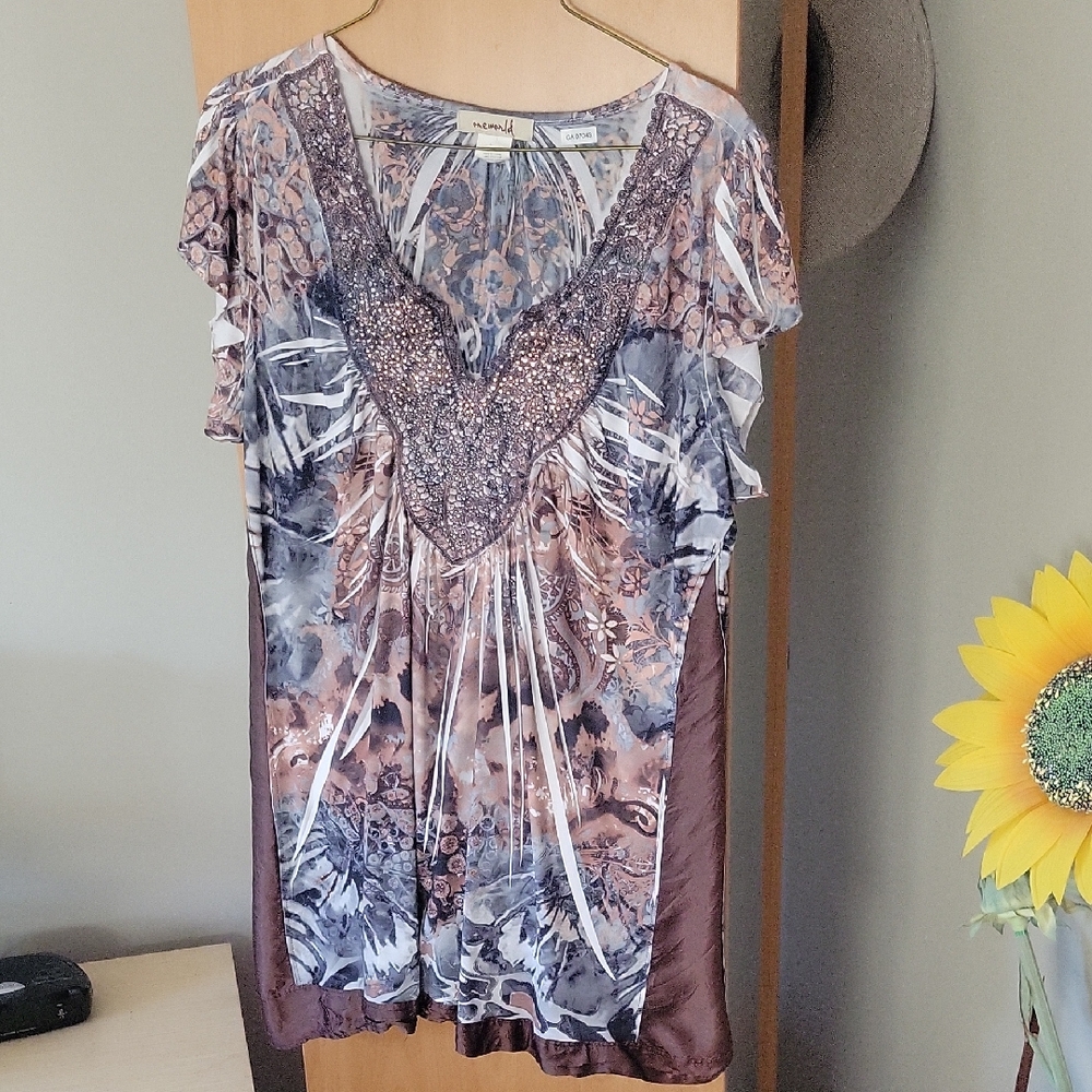 ONE WORLD White and Blue Ruffled Short Sleeve Blouse